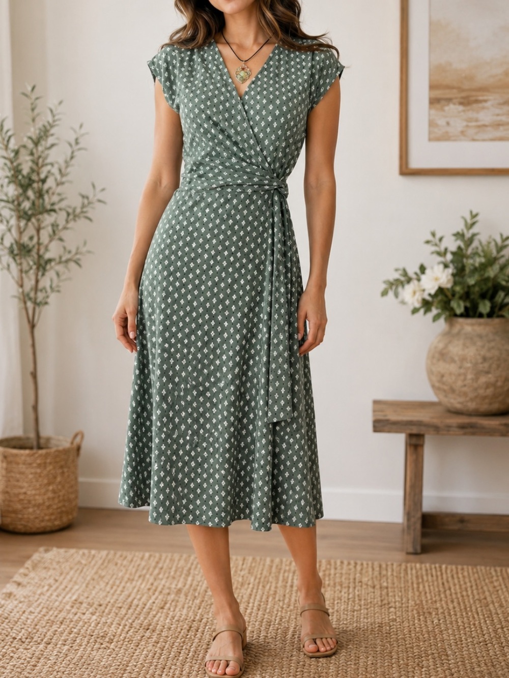 Lands' End Sage Green Printed Faux Wrap Midi Dress Cotton Modal